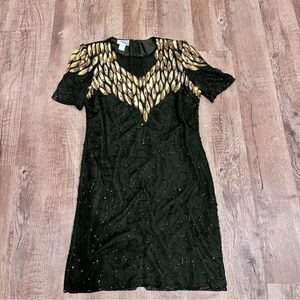 JMD New York Dress Black/Gold Silk/Sequins Small V-Neck Short Sleeve Vintage 90s